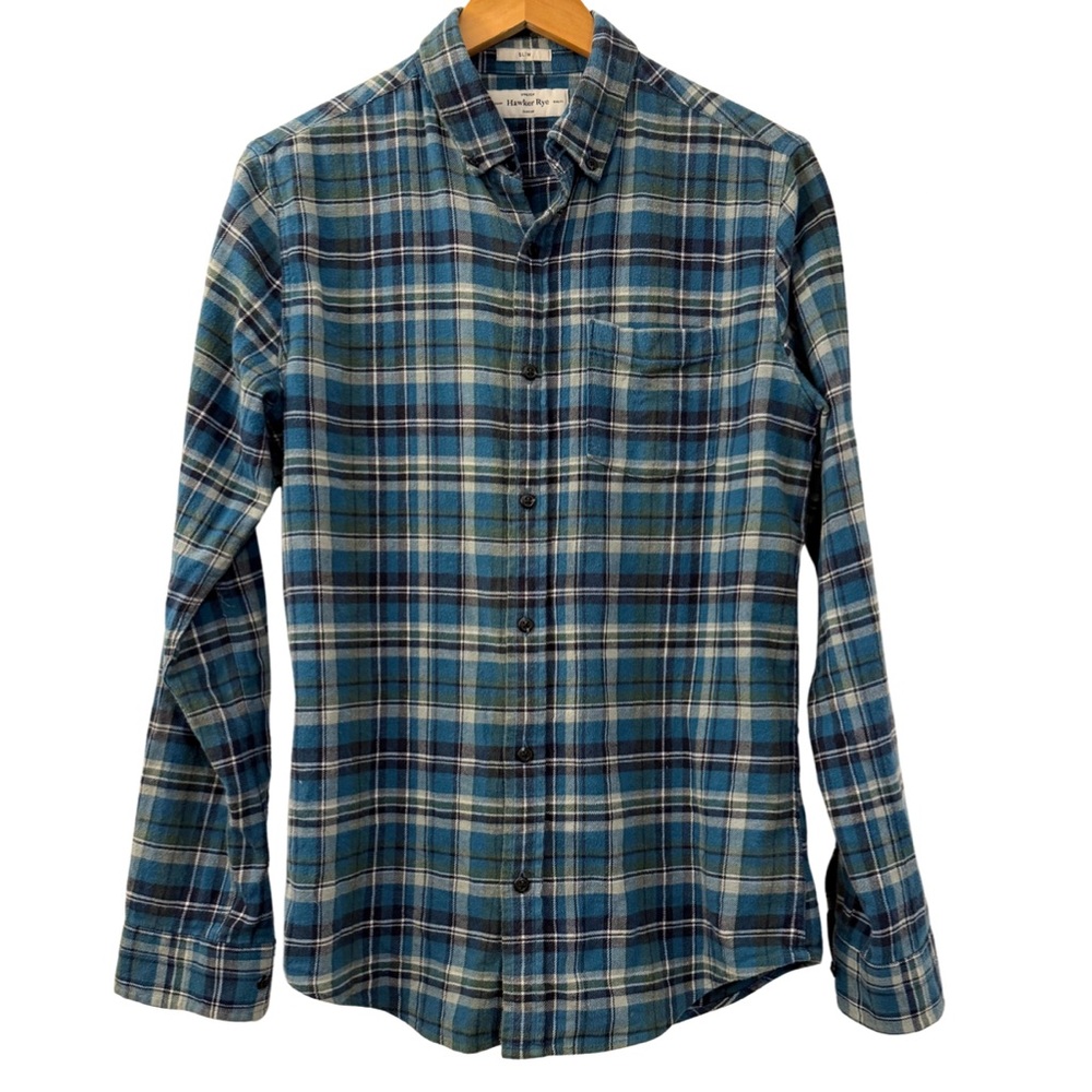 Hawker Rye Men’s Blue Green Flannel Button-Down, Size S Tall (Slim Fit) Stretch